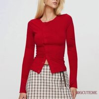 [] -Áo Thun dài tay cổ tròn màu trơn cho nữ