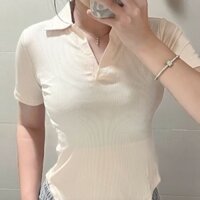 🍒 Áo thun gân tăm nữ cổ bẻ tay ngắn vạt bầu màu trắng