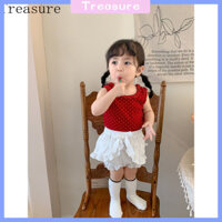 ✨ Áo vest ren cổ lá sen kho báu, chấm bi, mùa hè 2025, bộ hai mảnh cho bé gái, váy nơ hoa, quần