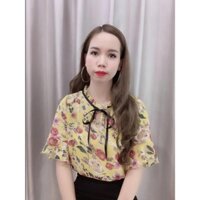 🍒 Áo voan nữ cổ chữ v khoét giọt nước thắt dây nơ cổ tay loe họa tiết hoa hồng nhiều màu