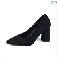 [ Bản Chuẩn] A26 Giày cao gót mũi nhọn đế vuông chất liệu da lộn phong cách Hàn Quốc