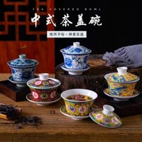 ✶ Bát có nắp, tách trà, bát trà tám báu bằng gốm sứ cổ điển lớn, bộ trà kung fu, tách trà bánh mì nướng, sứ trắng xanh,