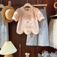 ❈ ❈ Bé Gái 2024 Bé Gái Màu Trơn Thêu Hoa Công Chúa Cotton Áo Sơ Mi Búp Bê Quần Ống Rộng Phù Hợp Với 2502J16