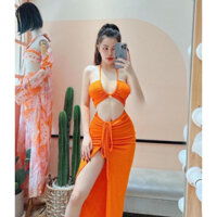 [ Bikini 2 Mảnh Cao Cấp - Freeship ] Đồ bơi nữ hai mảnh phối chân váy dài xẻ đùi quyến rũ màu trắng