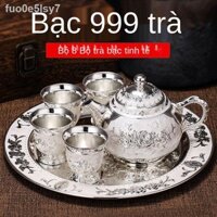 ☋ Bộ ấm trà bạc 999 cao cấp, đựng rượu bằng nguyên chất, 1 khay, ấm, 4 chén, cổ điển Châu Âu, quà tặng miễn phí