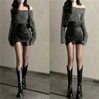 𝒀𝒂𝒏𝒚𝒂𝒏 Bộ Áo Sweater Dệt Kim Lệch Vai Phối Chân Váy Da Eo Cao Sành Điệu Cho Nữ