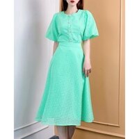 🍒 Bộ áo tơ đan nữ cổ tròn tay ngắn phối nút ngọc viền đá và chân váy tơ đan xòe MiMix màu xanh (có bán lẻ)