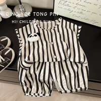 ❈ ❈ Bộ đồ sọc gấu trúc trẻ em Quần Capri mỏng Hàn Quốc Áo Vest búp bê hai mảnh 25325C