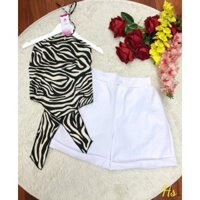 💃 Bộ Yếm Ngựa Vằn Quần Short Trắng Nữ Set Quần Đùi Áo Yếm Buộc Dây Nữ