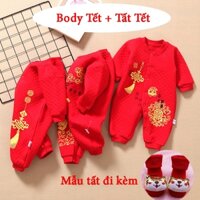 [ Body Tết + Tất Tết ] Bộ body dài tay vải trần bông 3 lớp họa tiết Tết phù hợp cho bé 3-12kg, hàng QC cao cấp _ BD91
