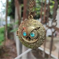 ❈ ❈ Boho Phong Cách Retro Cú Có Thể Mở Họa Tiết Đá Quý Mặt Vòng cổ Khung Ảnh Nữ 2503F10