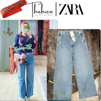 ( Chính hãng 36 38)Quần jean lưng cao ZARA 1889/057/407 nút hai bên xanh sáng ống rộng(kèm ảnh thật)