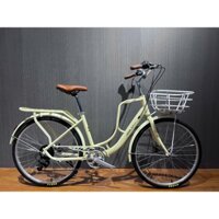 [ CHÍNH HÃNG+KÈM GIỎ ] XE ĐẠP MINI NỮ JINLU 26INCH KHUNG NHÔM MÀU BE ĐỀ SHIMANO