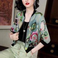 ❈ ❈ Chống tia cực tím cô gái mũm mĩm Áo khoác mỏng voan in quần áo chống nắng ngắn cho nữ Mẹ 25319A