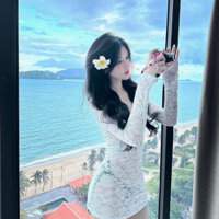 | CÓ SẴN | Áo ren trắng mặc ngoài bikini 2 mảnh, chất co giãn