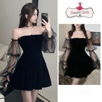 ( Có Sẵn-Giao ngay) baby doll Váy lưới tay phồng lệch vai màu đen Chic Đầm body hàng cao cấp