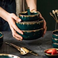 ( có sẵn)Bát , tô, thìa muỗng sứ xanh viền vàng