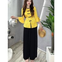 ) co size lon) pk130.211 Set Bộ Lam Gấm Phối Quần Đen Tay Lửng Xòe. Quần Dài Ống Rộng, Áo Cổ Tròn Khóa Kéo Sau Lưng