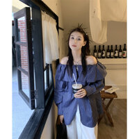 _𝐌𝐚𝐲𝐛𝐞𝐜𝐥𝐨𝐭𝐡𝐞𝐬 [ CÓ SẴN ] ÁO TRỄ VAI KẺ XANH DÁNG DÀI OVERSIZE QUẢNG CHÂU