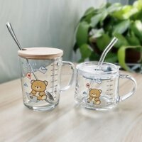 ♨ ❇ Cốc Thủy Tinh Có Nắp Thìa Ống Hút Cốc Hoạt Hình Dễ Thương Cốc Quy Mô Cốc Sữa Cốc Nước In Hình Hộ Gia Đình Bé Gái