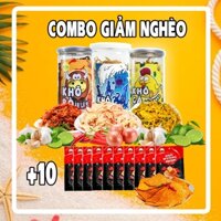 [ COMBO GIẢM NGHÈO ] Combo 3 hũ khô gà lá chanh, khô bò, khô heo, khô mực, da heo, cơm cháy tặng 10 gói nem nướng phên