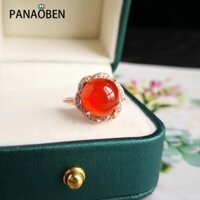 ♥ Đá tự nhiên chalcedony nhẫn hoa đỏ cho phụ nữ đính hôn sáng tạo dát bạc cổ điển và thanh lịch món quà trang sức cưới