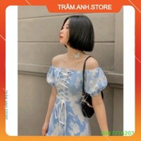 💝👗 Đầm Nữ Loang Xanh Trễ Vai Dây Đan 👗 Váy Body Nữ Dáng Ngắn Chất Thun Cộc Tay Cổ Vuông 👑