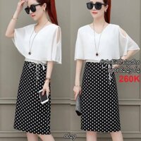 👗 Đầm ôm cổ tim vai choàng tùng chấm bi kem dây thắt eo (1 màu)