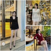 🛒 Đầm Tay Dài Cổ Đổ - Ngắn Nhún Thân Ôm Body Sexy - Tiểu Thư Bánh Bèo Cute Sang Chảnh Dạo Phố Đi Chơi Tiệc