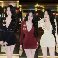 🛒 Đầm Tay Dài Cổ V Phối 2 Cài Bướm - Ngắn Nhún Thân Ôm Body Sexy - Tiểu Thư Bánh Bèo Cute Sang Chảnh Đi Chơi Tiệc