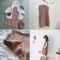 🅷🅴 Đầm tay hến cổ tròn cho bé gái, style Hàn Quốc, vải cotton mềm mát, màu nâu cacao năng động.