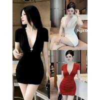 🛒 Đầm Tay Ngắn Cổ V Đính Nút Kiểu - Ngắn Nhún Thân Ôm Body Sexy - Tiểu Thư Bánh Bèo Cute Sang Chảnh Đi Chơi Tiệc