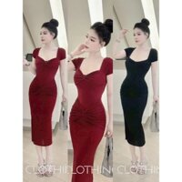 🛒 Đầm Tay Ngắn Cổ Vuông Kiểu Nơ Phối Xoắn Eo - Dài Midi Ôm Body Sexy - Tiểu Thư Bánh Bèo Cute Sang Chảnh Đi Chơi Tiệc