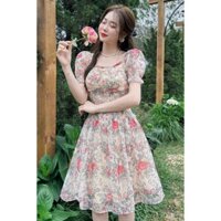 * Đầm thời trang nữ dự tiệc sang trọng chất voan hoa cổ ngang tay ngắn phồng dáng váy xoè dài midi trên gối có mút êm