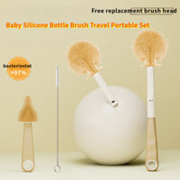 [+ Đầu bàn chải thay thế] Bàn chải bình silicon cho bé / Bộ di động du lịch / Đầu bàn chải có thể tháo rời / 360 ° Bàn chải làm sạch / bàn chải bình sữa nấm mốc và kháng khuẩn / bàn chải núm vú và ống hút