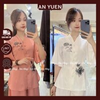 📿 ĐỒ LAM ĐI CHÙA - pháp phục nữ vải cotton lạnh # mẫu quần áo phật tử thêu hoa cúc thanh lịch B31