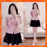 (  ĐỒ NỮ ĐẸP ) ÁO HỒNG REN THÊU HOA CHÂN VÁY ĐEN - HL9SO