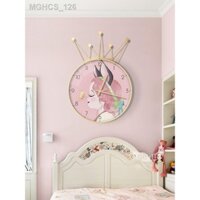 ▤ Đồng hồ treo tường phòng trẻ em siêu yên tĩnh phòng ngủ bé gái màu hồng hoạt hình đồng hồ vương miện dễ thương Bắc Âu