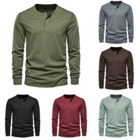 ⭐ Electro-vn⭐Áo thun cổ Henley Nam Áo thun dài tay trơn chất lượng cao