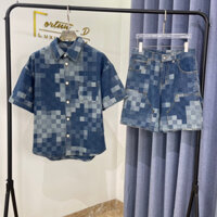 👑 [ FortunD Luxury ] Set Bộ Cộc Denim L..'V Xanh Hoạ Tiết Caro Bling - Phông Nam Nữ Đẹp Cao Cấp Loại 1