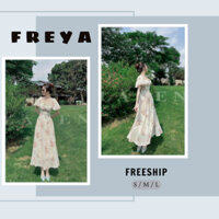 🛍 FREYA SHOP - Thời trang Sỉ 🛍Đầm maxi cổ vuông tay phồng dáng dài , dập ly ngực kèm lót vải voan hoa nhí tone màu sang