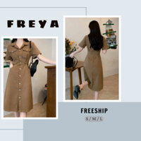 🛍 FREYA SHOP - Thời trang Sỉ 🛍Váy tiểu thư cổ điển vintage sang trọng,Đầm cổ sơ mi tay ngắn túi hộp,váy tone nâu xinh