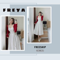 🛍 FREYA SHOP - Thời trang Sỉ 🛍Set đầm trắng hai dây cúp ngực dáng xoè mix kèm áo khoác tăm đỏ,Váy trắng dáng midi