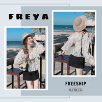 🛍 FREYA SHOP - Thời trang Sỉ 🛍Set bộ trễ vai tay dài ống bèo loe xinh xắn mix quần ngắn màu đen,Set bộ áo voan chấm bi