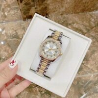 ( Giảm Giá - Free Ship ) Đồng Hồ Nữ Rolex Mặt Tròn Viền Đính Đá Thiết Kế Quai Thép Không Gỉ Chống Nước Màu Vàng
