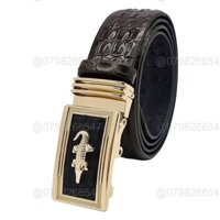 ( GIAO NGAY )Dây thắt lưng nam da bò dập vân cá sấu DHM-345 | Khoá tỳ in mặt nổi cá sấu vàng | Bảo hành 12 tháng