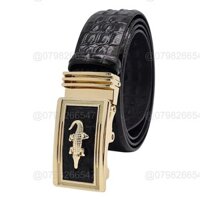( GIAO NGAY )Dây thắt lưng nam da bò dập vân cá sấu DHM-345 | Khoá tỳ in mặt nổi cá sấu vàng | Bảo hành 12 tháng
