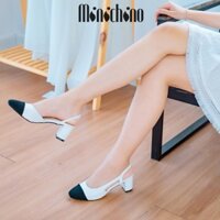 ✿ Giày sandal nữ gót cao 5cm MINICHINO mũi tròn đế vuông, phối dây thời trang màu đen TC040 ✿