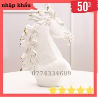 [ GỐM CAO CẤP - NHẬP KHẨU ] Đầu Ngựa Bằng Sứ Trắng Mạ Vàng 3D Bóng Sang Chảnh - Đẳng Cấp-KT  22*11*31cm