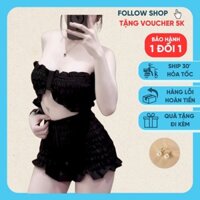 [ hà nội ] Jum thô đi biển 2 màu đen trắng sang chảnh, Set áo cúp liền quần dúm chun